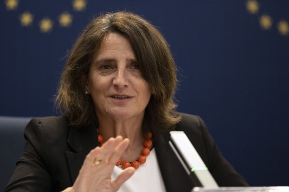 epa12237618 Executive Vice-President of the European Commission for Clean, Just and Competitive Transition Teresa Ribera speaks during a press conference in Beijing, China, 14 July 2025. Ribera is on  ...