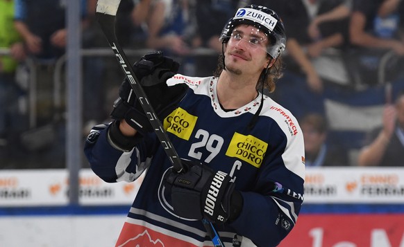 Ambri&#039;s player Michael Fora celebrates the victory at the end of the National League 20201/22 regular season game between HC Ambri Piotta against HC Lugano, at the Gottardo Arena in Ambri, Friday ...