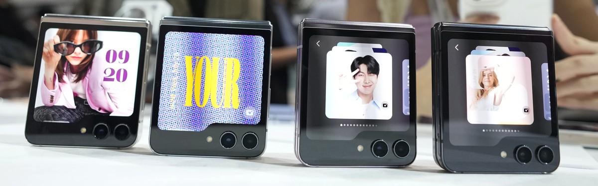 Samsung Galaxy Z Flip 5 Phones displayed during the Galaxy Unpacked 2023 event at the COEX in Seoul, South Korea, Wednesday, July 26, 2023. Samsung Electronics on Wednesday unveiled two foldable smart ...