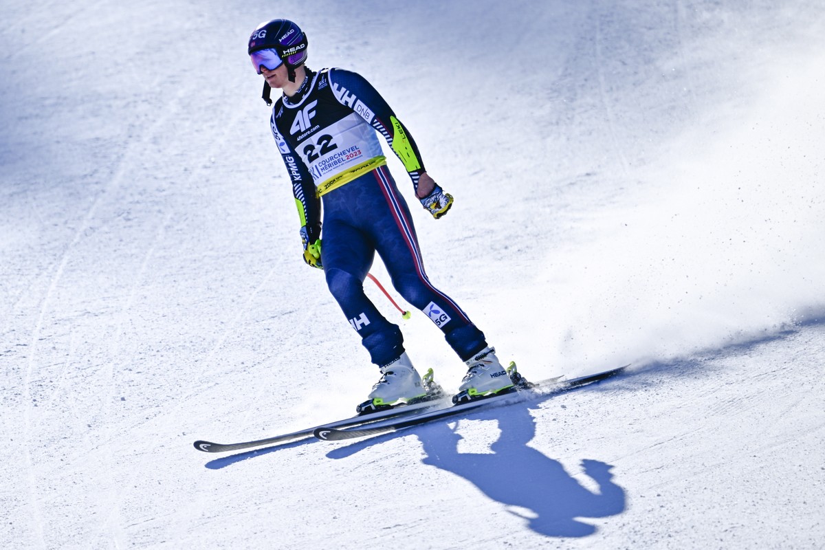 epa10456434 Atle Lie McGrath of Norway reacts in the finish area during the men's super-g race at the 2023 FIS Alpine Skiing World Championships in Courchevel, France, 09 February 2023. EPA/JEAN- ...