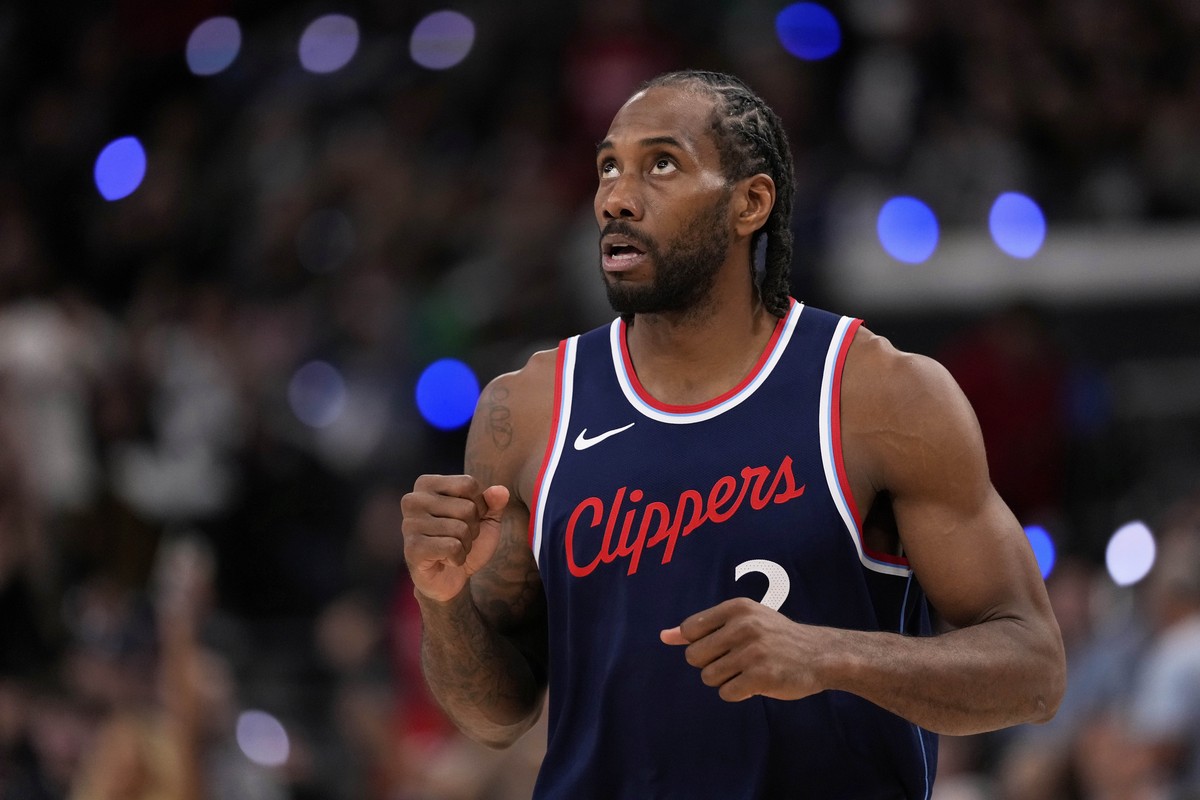 Los Angeles Clippers forward Kawhi Leonard celebrates after scoring during the second half in Game 6 of an NBA basketball first-round playoff series against the Denver Nuggets, Thursday, May 1, 2025,  ...