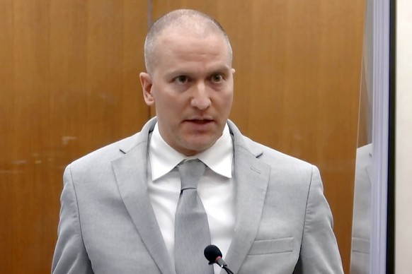 FILE - Former Minneapolis police Officer Derek Chauvin addresses the court as Hennepin County Judge Peter� Cahill presides over Chauvin&#039;s sentencing at the Hennepin County Courthouse in Minneapol ...