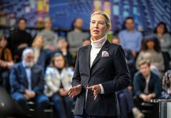 epa11894098 Alice Weidel, chancellor candidate for the Alternative for Germany (AfD), speaks during the ZDF program &#039;Klartext&#039; in Berlin, Germany, 13 February 2025. Candidates for chancellor ...