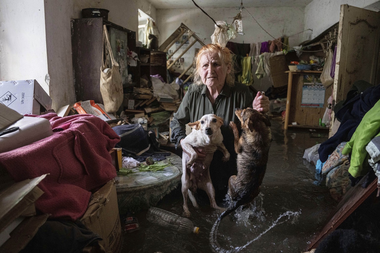 Tetiana holds her pet dogs, Tsatsa and Chunya, in her home that was flooded after the Kakhovka dam blew up overnight, in Kherson, Ukraine, on June 6, 2023. (AP Photo/Evgeniy Maloletka)