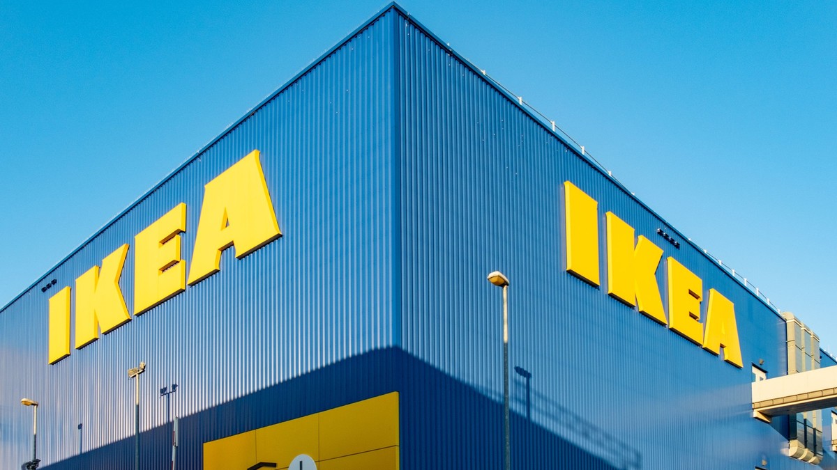 vibrant IKEA store, iconic yellow signage recognizable logo, and Modern commercial architecture, logo global consumer culture, Sweden retail industry, Frankfurt am Main, Germany, September 18, 2023