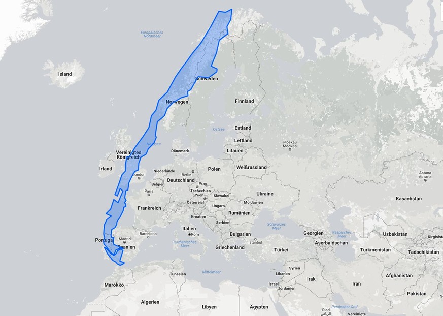 Vom Nordkap bis Gibraltar: Chile, hier etwas nach rechts geneigt, auf eine Karte Europas gelegt.&nbsp;