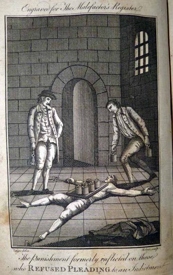 Eine Gravur der peine forte et dure, die einem Gefangenen zugefügt wurde (aus dem &quot;Malefactor&#039;s register&quot; von 1780)