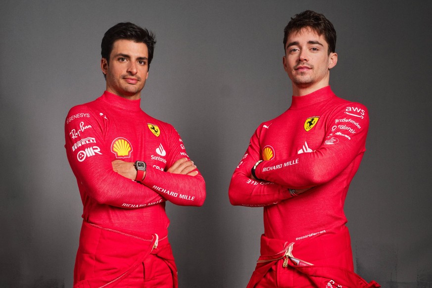 Formel 1, Ferrari Fotoshooting in Fiorano Maranello Carlos Sainz , Charles Leclerc, drivers February 14th, 2023 Ferrari Formula 1 2023 SF-23 presentation EDITORIAL USE ONLY Photo Ferrari Media House/I ...