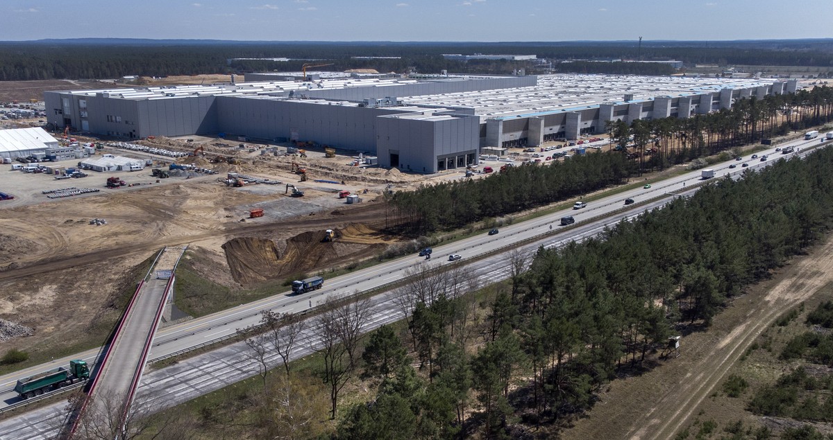The construction site of the new Tesla Gigafactory for electric cars is pictured in Gruenheide near Berlin, Germany, Tuesday, April 27, 2021. Factories in Berlin and Austin, Texas, are on track to sta ...