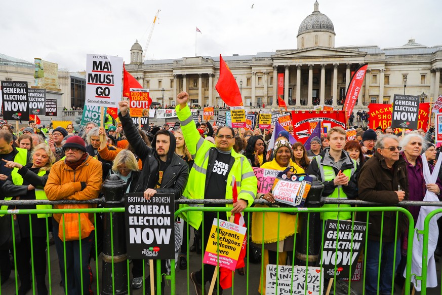 epa07277823 Demonstrators take part in the People&#039;s Assembly Against Austerity march and protest in London, Britain, 12 January 2019. Thousands of protesters, inspired by the &#039;Gillet Jaunes& ...