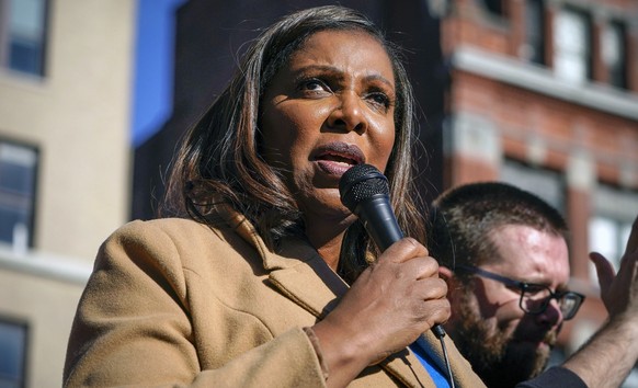 FILE - New York Attorney General Letitia James speaks during a rally in support of home care workers in New York, Tuesday, Dec. 14, 2021. Former President Donald Trump recently told a mostly white cro ...