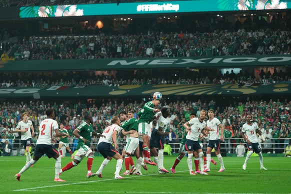 Mexico's Raul Jimenez heads the ball during the World Cup round of 16 soccer match between Mexico and England in Mexico City, Sunday, July 5, 2026. (AP Photo/Silvia Izquierdo)
Mexico England WCup ...