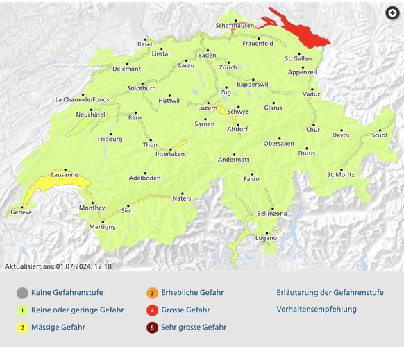 Die aktuelle Hochwasser-Gefahr in den Schweizer Gewässern.