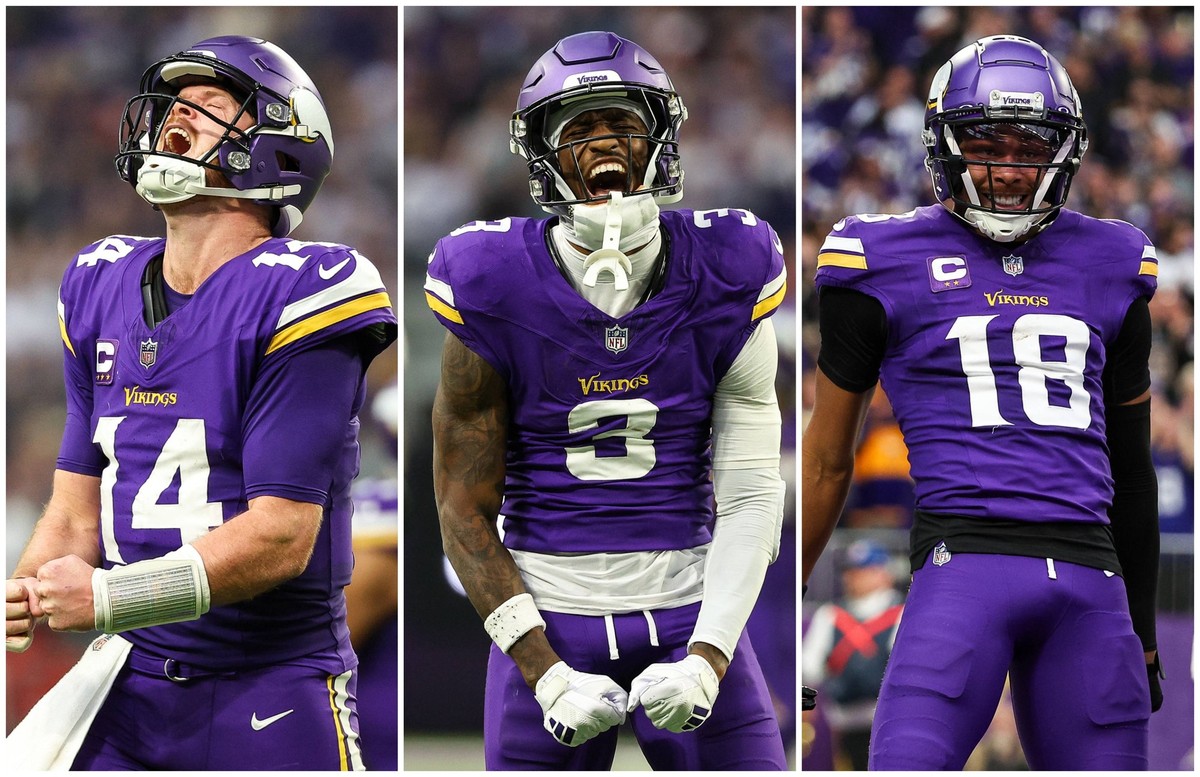 Minnesota Vikings Sam Darnold Jordan Addison und Justin Jefferson (v. l.).
