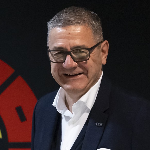 Marc Luethi, CEO SC Bern, kurz vor Beginn einer Medienkonferenz zur Saison 2023/24, am Montag, 28. August 2023 in der PostFinance Arena in Bern. (KEYSTONE/Peter Klaunzer)