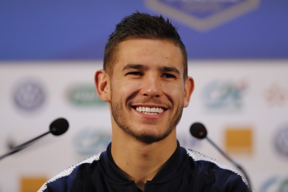 France&#039;s Lucas Hernandez smiles as he answers journalists during a press conference at the 2018 soccer World Cup in Istra, Russia, Saturday, July 7, 2018. (AP Photo/David Vincent)