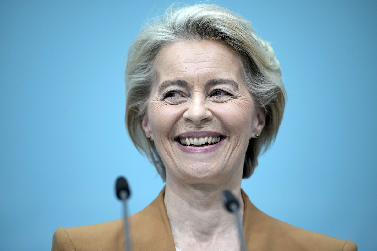 Ursula von der Leyen, President of the European Commission, smiles during a press conference after a board meeting of the Christian Democratic Union (CDU) in Berlin, Germany, Monday, Feb. 19, 2024. (A ...