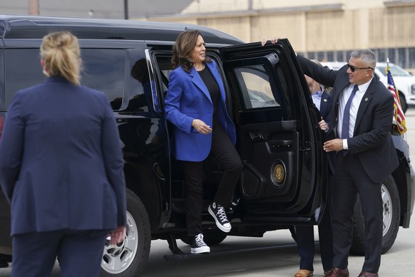 Democratic presidential nominee Vice President Kamala Harris arrives to board Air Force Two en route to campaign in Pennsylvania from Joint Base Andrews, Md., Sunday, Aug. 18, 2024. (Kevin Lamarque/Po ...