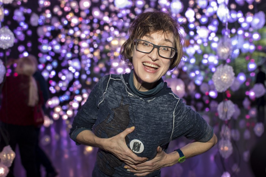 epa05180153 Swiss artist Pipilotti Rist pose in her installation &#039;Pixelwald&#039; (Pixel Forest) during the press preview of her exhibition at the Kunsthaus in Zurich, Switzerland, 25 February 20 ...