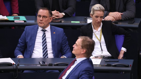 epaselect epa11087578 Alternative for Germany (AfD) party and faction co-chairwoman Alice Weidel (R), Alternative for Germany party (AfD) faction parliamentary manager in the Bundestag Bernd Baumann ( ...