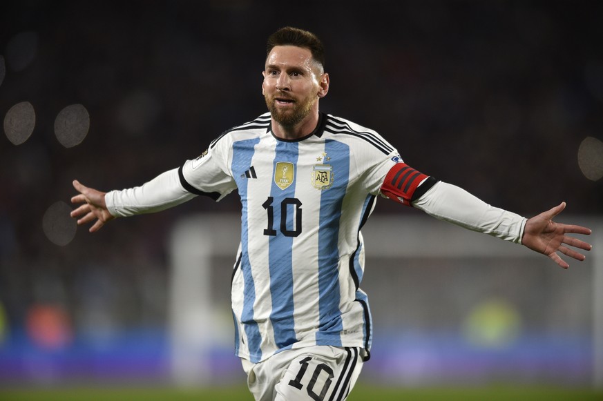 FILE -Argentina&#039;s Lionel Messi, celebrates scoring his side&#039;s first goal against Ecuador during a qualifying soccer match for the FIFA World Cup 2026, at Monumental stadium in Buenos Aires,  ...