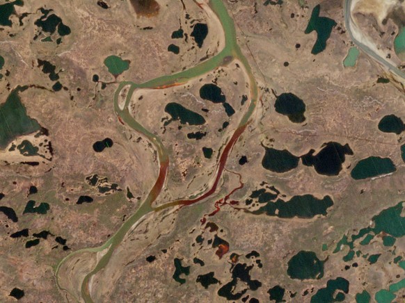 Das Satellitenbild zeigt ein Öl-Leck (rot) in der Nähe der sibirischen Stadt Norilsk im Fluss Ambarnaja. 