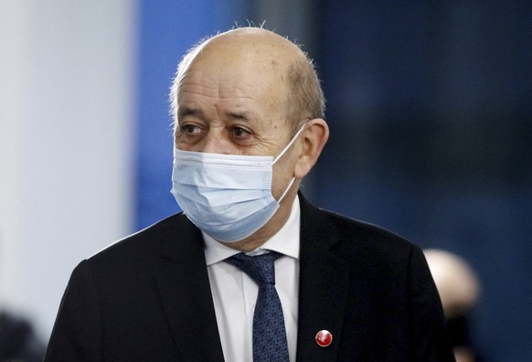 French Foreign Minister Jean-Yves Le Drian arrives at the Museum of Liverpool, Liverpool, England, Saturday Dec. 11, 2021. Foreign Secretary Liz Truss is hosting U.S. Secretary of State Antony Blinken ...