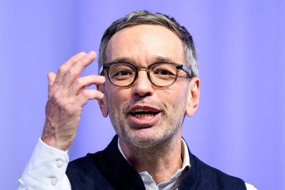 epa11942922 Leader of the right-wing Austrian Freedom Party (FPOe) Herbert Kickl speaks during the party's traditional political Ash Wednesday meeting in Ried im Innkreis, Austria, 05 March 2025. ...