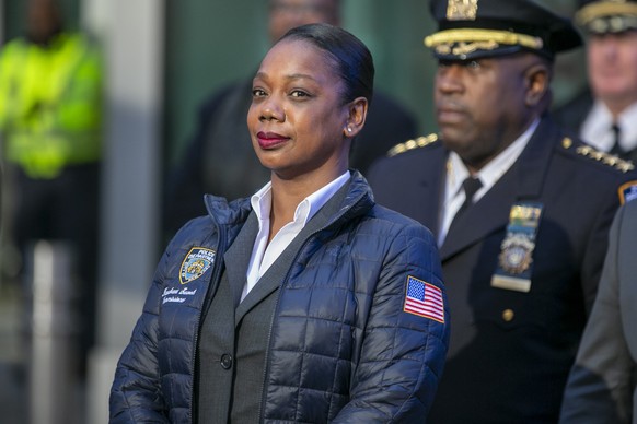 FILE - New York City Police Commissioner Keechant Sewell stands in New York&#039;s Times Square during a news conference about New Year&#039;s Eve security, Dec. 30, 2022. Sewell, the first woman to h ...