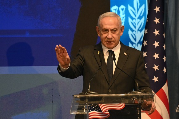 epa12380600 Israeli Prime Minister Benjamin Netanyahu addresses the opening event of a bipartisan delegation of American legislators to Israel, at the Foreign Ministry in Jerusalem, 15 September 2025. ...