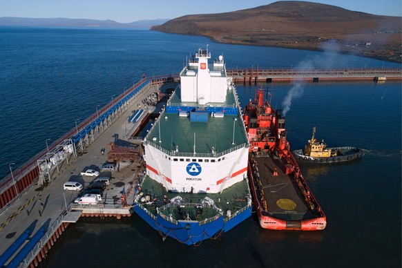 CHUKOTKA AUTONOMOUS AREA, RUSSIA - SEPTEMBER 14, 2019: The Akademik Lomonosov floating nuclear power unit moored at the port of Pevek in Chukotka Autonomous Area in the Russian Far East. Akademik Lomo ...