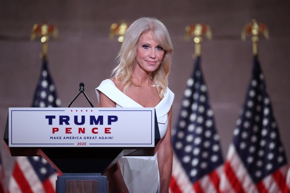 epa08628021 Kellyanne Conway, Counselor to the US President, pauses between takes as she pre-records her address to the Republican National Convention at the Mellon Auditorium in Washington, DC, USA,  ...