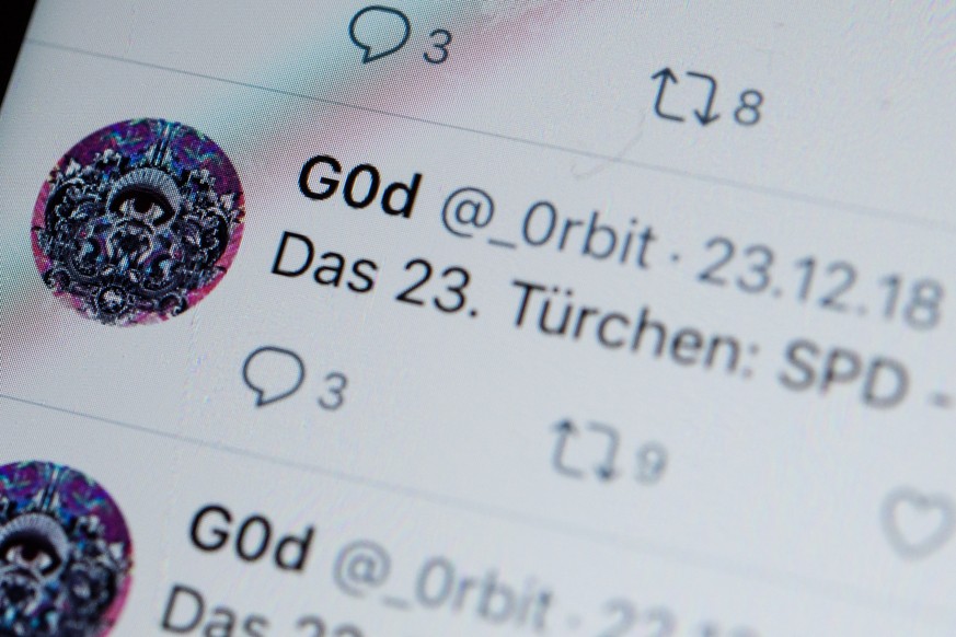 epa07261488 A close-up view of the Twitter account &#039;G0d&#039; (@_0rbit) in Berlin, Germany, 04 January 2019. Reports on 04 January 2019 state personal data of hundreds of German politicians have  ...