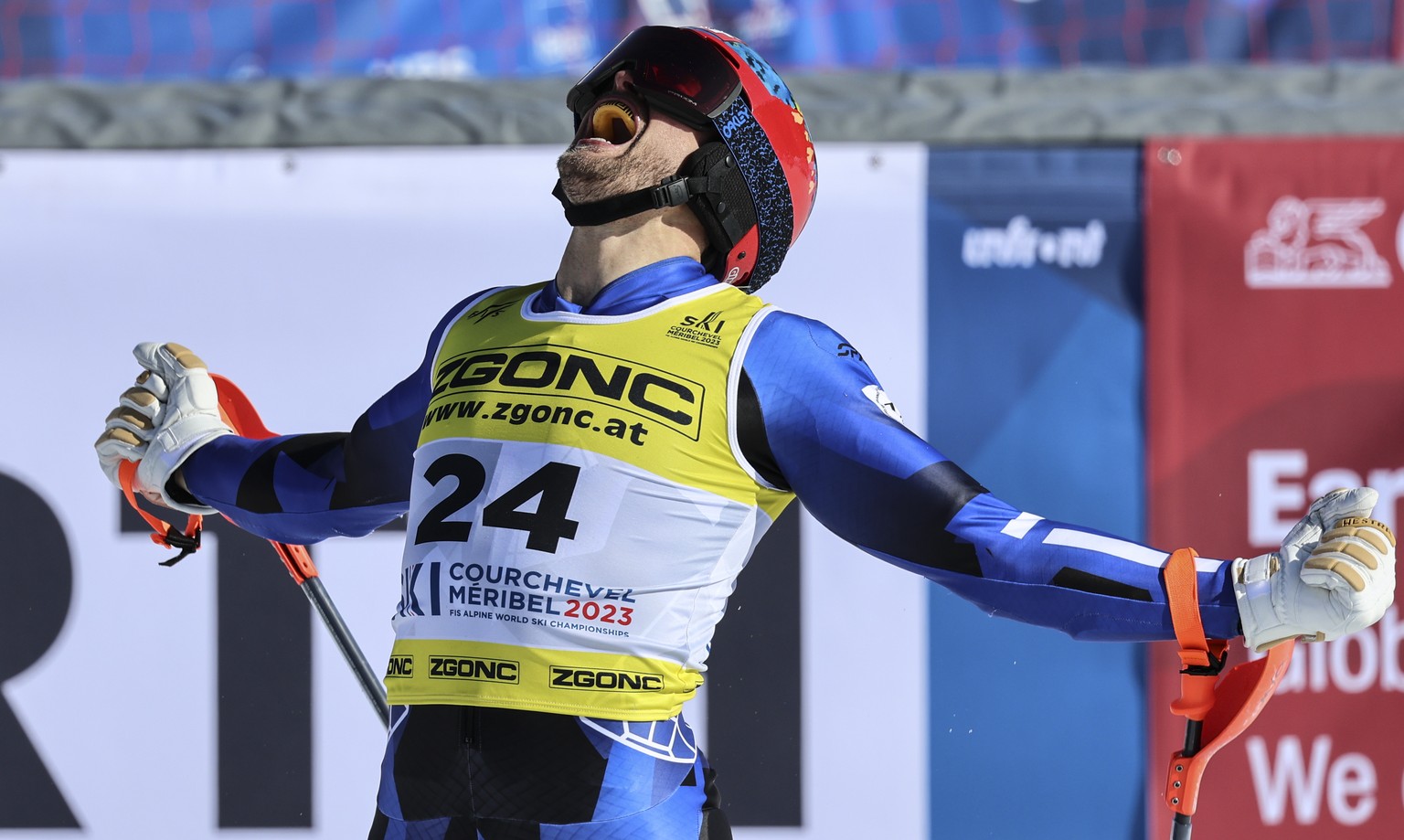 Greece&#039;s Aj Ginnis celebrates taking the silver medal in the men&#039;s World Championship slalom, in Courchevel, France, Sunday Feb. 19, 2023. (AP Photo/Marco Trovati)