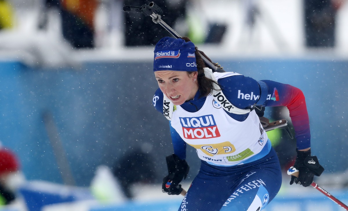 Switzerland's Selina Gasparin competes during the mixed 4x7.5 km relay competition at the World Championships Biathlon event in Pokljuka, Slovenia, Wednesday, Feb. 10, 2021. (AP Photo/Darko Bandi ...