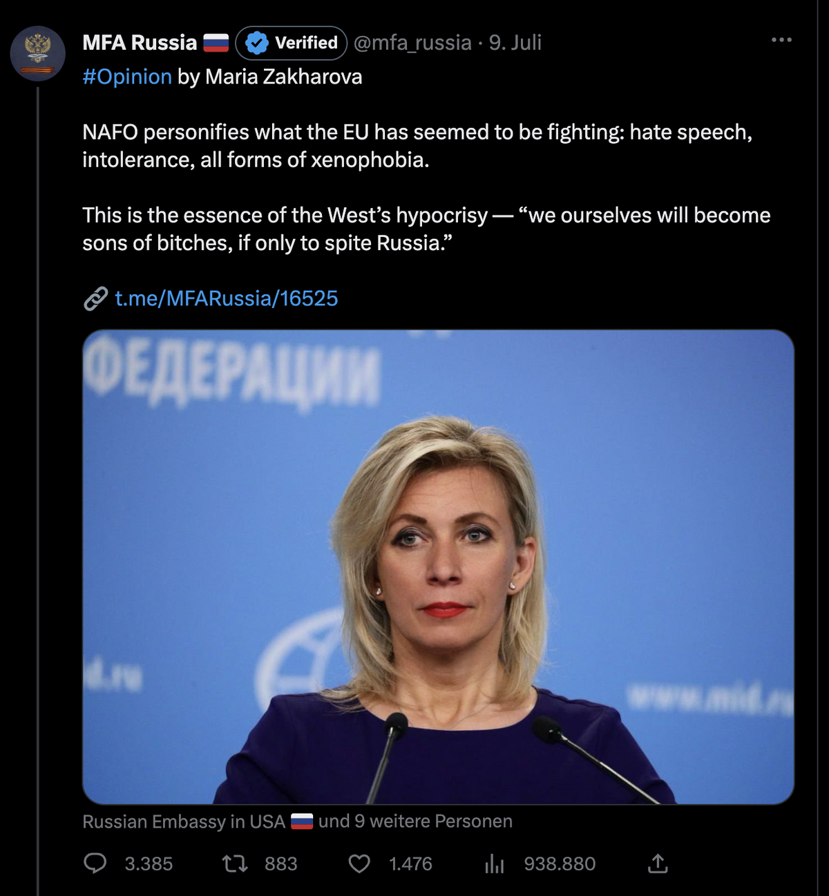 Keine Satire! Das russische Aussenministerium beklagte sich öffentlich über die Nafo. Sie verkörpere, was die Europäische Union (EU) zu bekämpfen scheine: «Hassreden, Intoleranz, alle Formen von Fremd ...