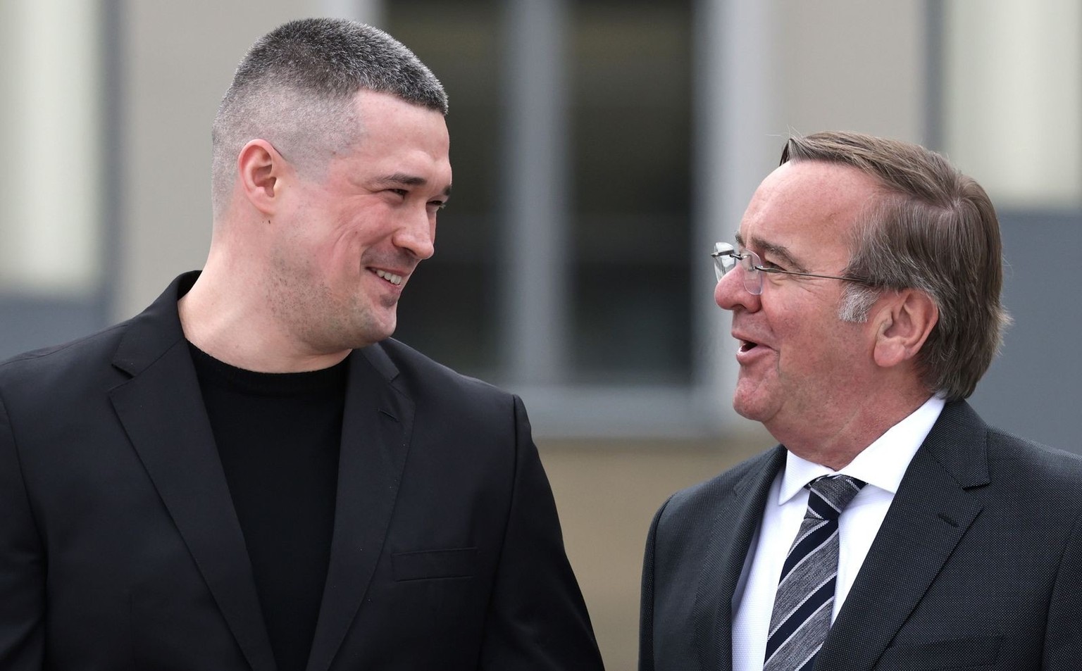 epa12888250 German Defense Minister Boris Pistorius (R) welcomes Ukraine's Defence Minister Mykhailo Fedorov (L) during a reception with military honors at the Ministry of Defense in Berlin, Germ ...