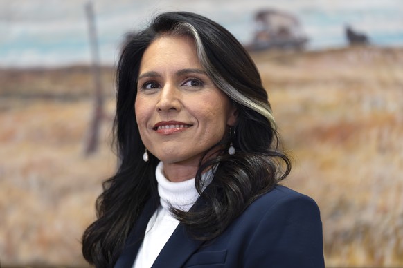 Tulsi Gabbard, President-elect Donald Trump&#039;s nominee to be director of National Intelligence, meets with Sen. Mike Rounds, R-S.D., a member of the Senate Intelligence Committee, at the Capitol i ...
