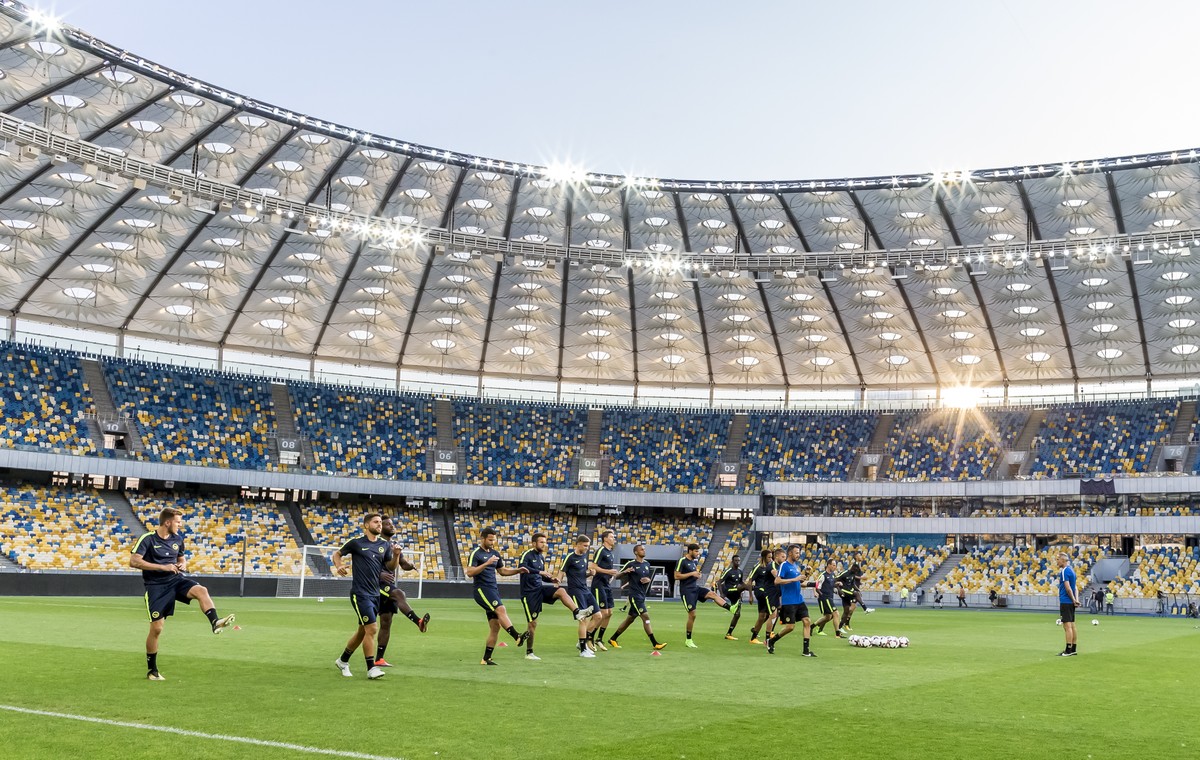 YB's players practice one day prior to the UEFA Champions League qualifier match between Ukraine's Dynamo Kyiv and Switzerland's BSC Young Boys, in the Olimpijskyj Stadium in Kiev, Ukra ...