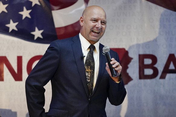 State Sen. Doug Mastriano, R-Franklin, a Republican candidate for Governor of Pennsylvania, speaks at a primary night election gathering in Chambersburg, Pa., Tuesday, May 17, 2022. (AP Photo/Carolyn  ...