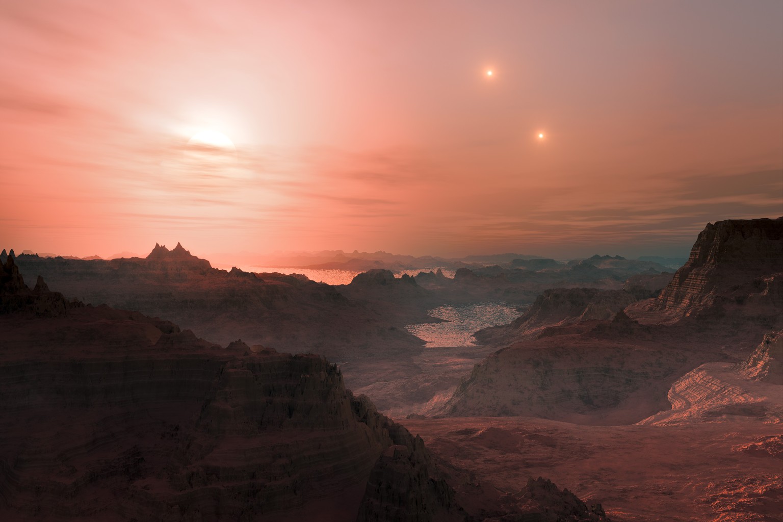So stellt sich der Künstler einen Sonnenuntergang auf dem Gesteinsplaneten Gliese 667 Cc vor. Am Himmel die drei Sonnen des Gliese-667-Systems: Am hellsten der Rote Zwerg Gliese 667 C (l.), weiter rechts Gliese 667 A und B.<br data-editable="remove">