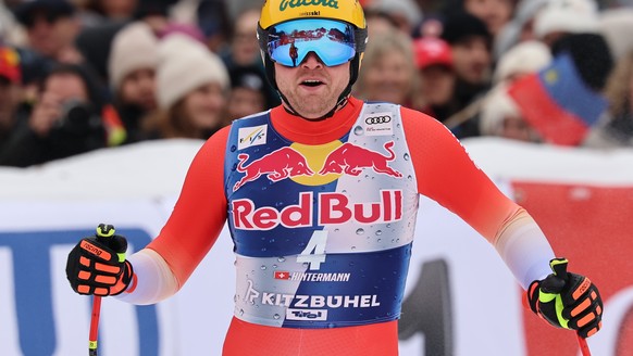 Switzerland's Niels Hintermann at the finish area of a men's alpine ski World Cup downhill, in Kitzbuehel, Austria, Saturday, Jan. 24, 2026. (AP Photo/Marco Trovati)
Austria World Cup Alpine ...