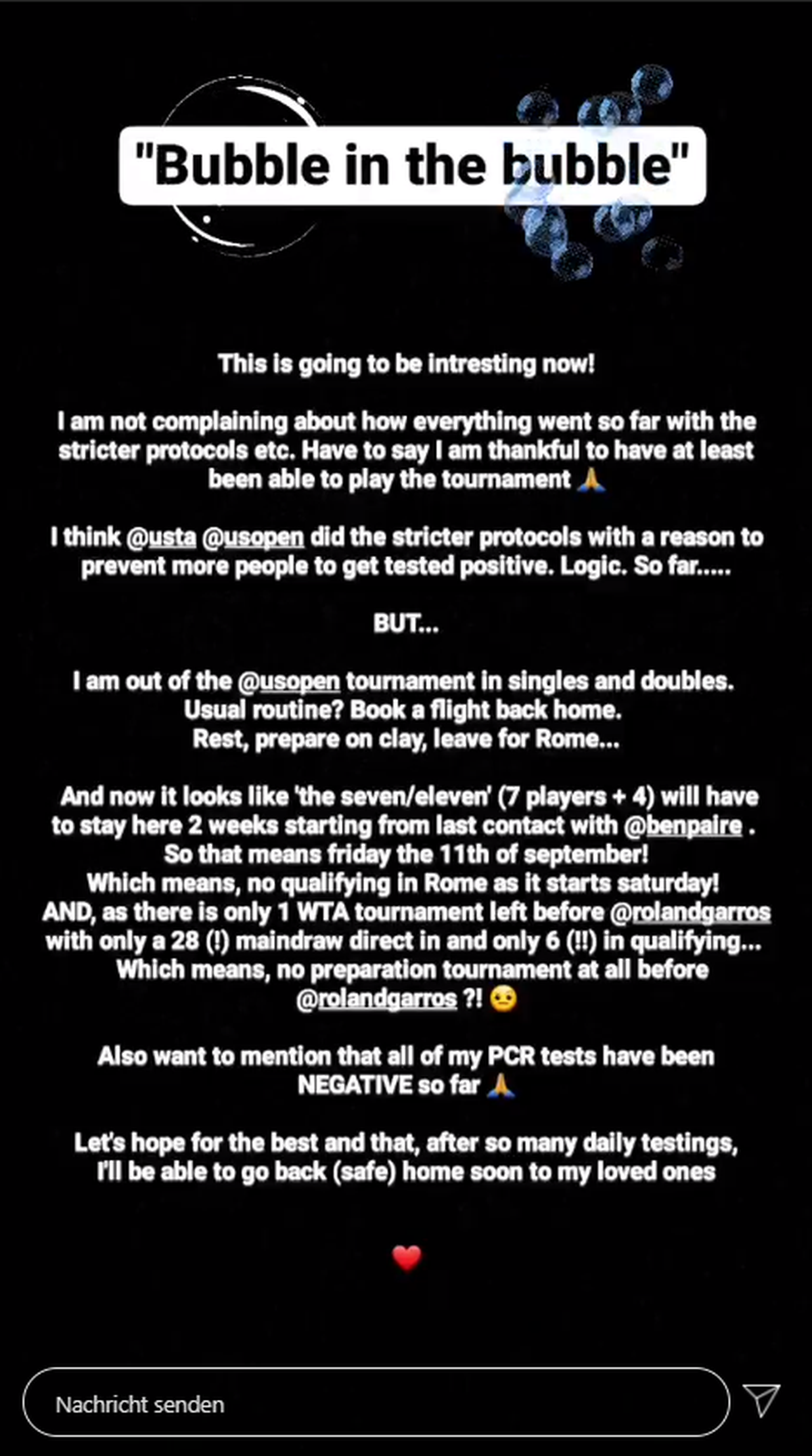Die Instagram-Story von Kirsten Flipkens.