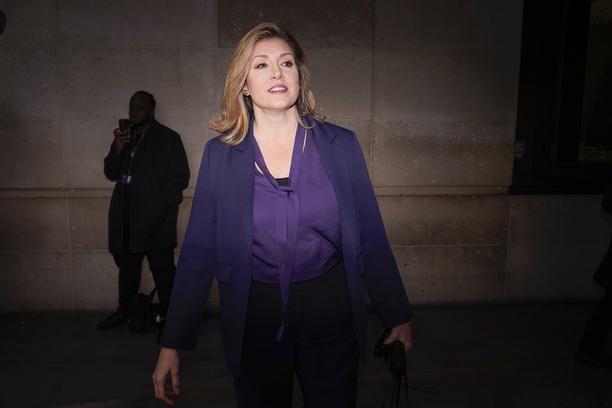 Conservative Party leadership candidate Penny Mordaunt leaves the BBC studios, in London, Sunday, Oct. 23, 2022. While the opposition Labour Party is demanding an election, the governing conservatives ...