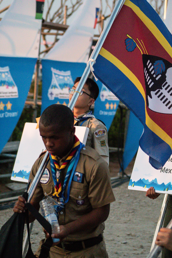 Scout of Swaziland practicing during the rehearsal carrying his flag. World Scout Jamboreem
