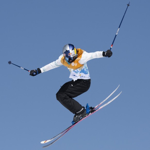 Mathilde Gremaud of Switzerland competes during the Freeski Slopestyle Worldcup finals, on Saturday, March 26, 2022, on Corvatsch mountain in Silvaplana, Switzerland. (KEYSTONE/Mayk Wendt)