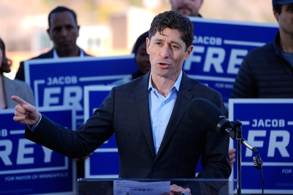 FILE - Minneapolis Mayor Jacob Frey talks during a news conference after winning a third term in the city's ranked-choice voting election, Wednesday, Nov. 5, 2025, in Minneapolis. (AP Photo/Abbie ...