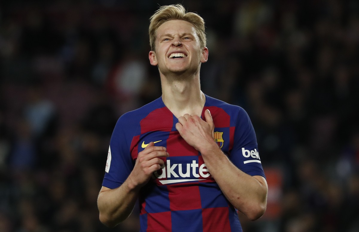 Barcelona's Frenkie de Jong reacts during a Spanish Copa del Rey soccer match between Barcelona and Leganes at the Camp Nou stadium in Barcelona, Spain, Thursday, Jan. 30, 2020. (AP Photo/Joan Mo ...
