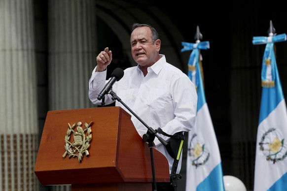 epa09813464 Alejandro Giammattei president of Guatemala makes a speech after Guatemala was declared the Ibero-American Pro-Life capital, in Guatemala City, Guatemala, 09 March 2022. The designation by ...