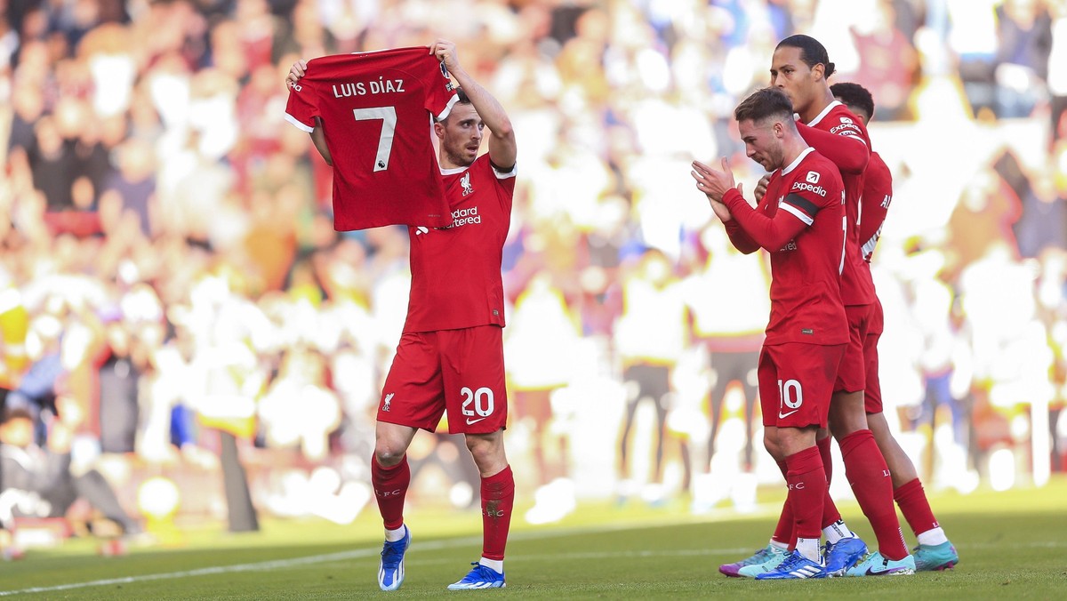 Liverpool v Nottingham Forest 29 October 2023, Liverpool - Premier League Football - Liverpool v Nottingham Forest. Diogo Jota of Liverpool holds the shirt of teammate Luis Diaz after scoring their fi ...